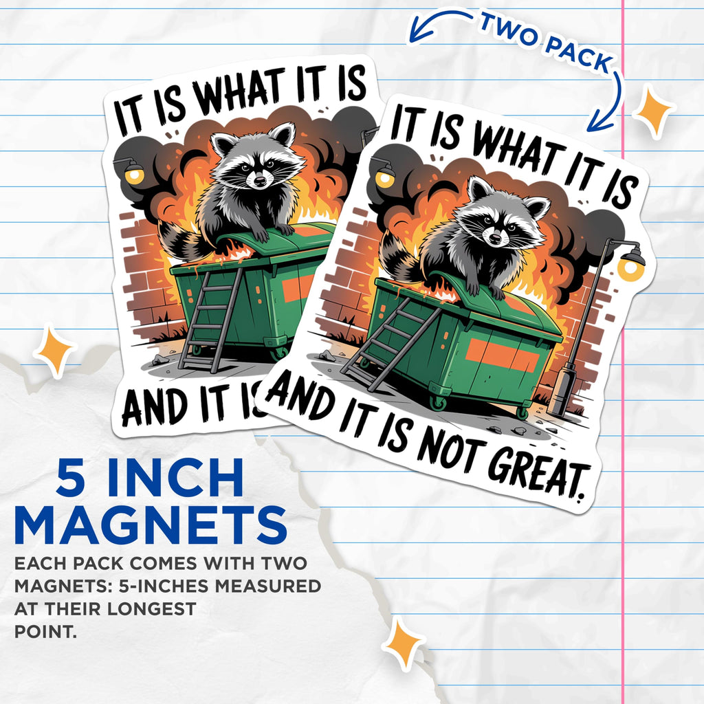(2 Pack) Raccoon Dumpster Fire Magnets - It is What It is Meme - Sarcastic Animal Humor - 5 Inches On Longest Side - Thick Durable Magnet - Made in USA - MAG22564