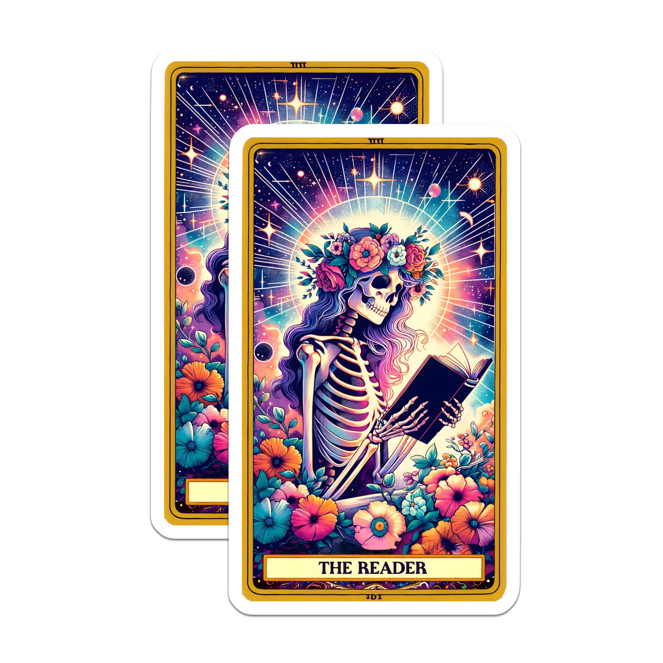 (2 Pack) Skeleton Reading Book Magnets - Cosmic Tarot Card Aesthetic Art - Floral Skull Librarian Mystical Decor - 5 Inches On Longest Side - Thick Durable Magnet - Made in USA - MAG26583