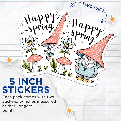 (2 Pack) Happy Spring Gnome Stickers - Cute Spring DÃƒÆ’Ã†â€™Ã‚Â©cor - Fun Garden Gnomes - 5" On Longest Side - Sticks to Smooth Flat Surfaces - Made in USA - BMCS7997