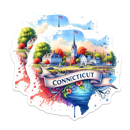 (2 Pack) Connecticut State Stickers - Watercolor Art - Scenic Town Illustration - Decorative Sticker for Travel Journal - 5" On Longest Side - Sticks to Smooth Flat Surfaces - Made in USA - BMCS6807