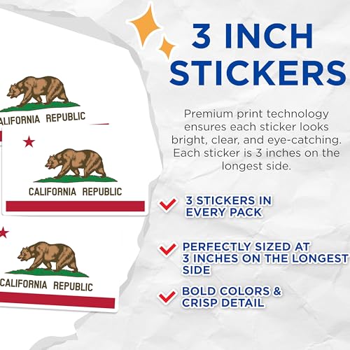 (3 Pack) California Flag Decals - Bear Republic - Laptop Decals - 3 Inches On Longest Side - Easy Peel & Apply - Made in USA - 3MCS0177