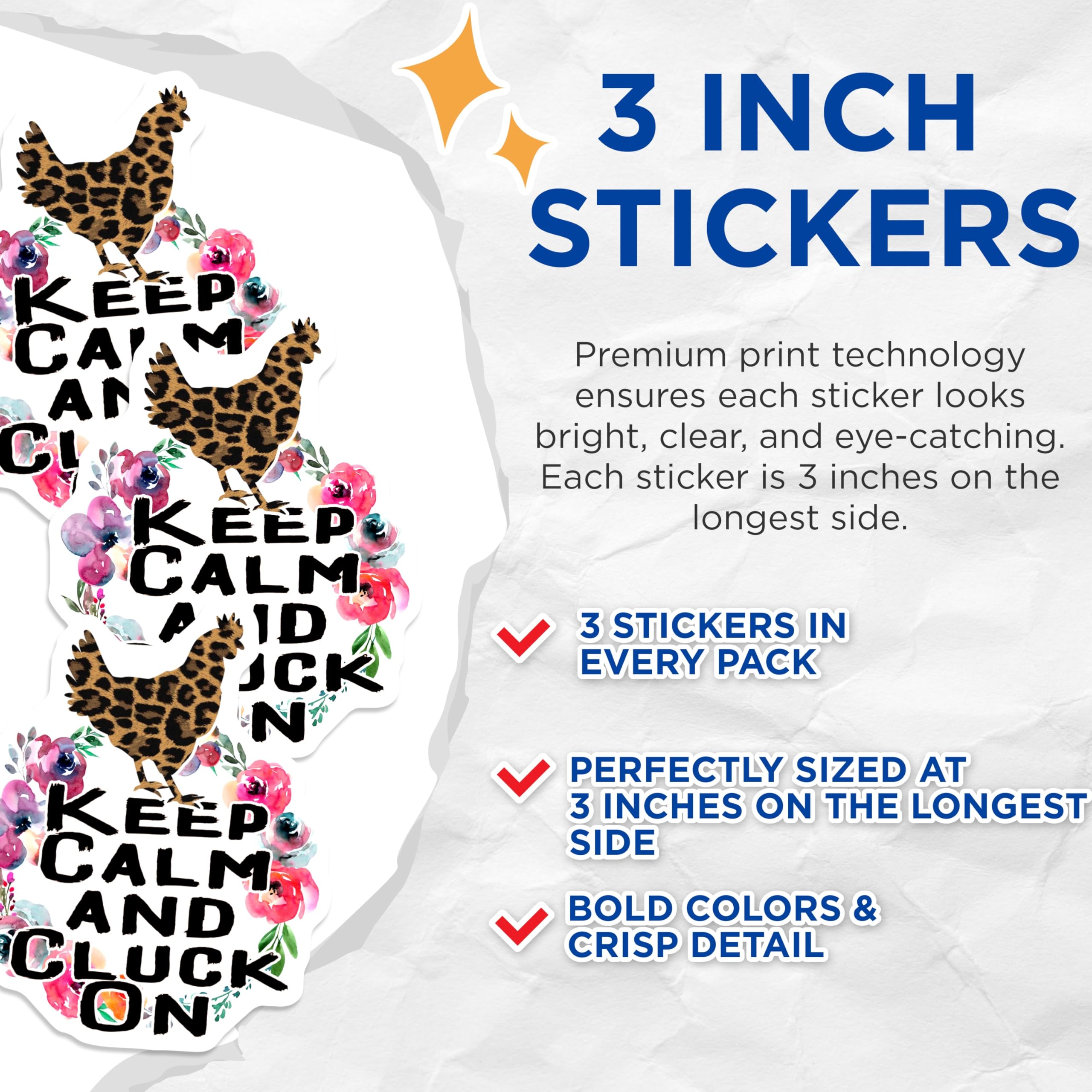 (3 Pack) Keep Calm Cluck On Decals - Leopard Chicken Decal - Floral Chicken Laptop Decal - 3 Inches On Longest Side - Easy Peel & Apply - Made in USA - 3MCS4403