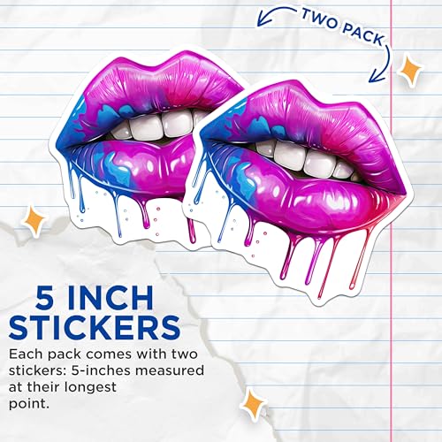 (2 Pack) Dripping Rainbow Lips Stickers - Vibrant Cosmetic Art Decals - Lipstick Stickers - 5" On Longest Side - Sticks to Smooth Flat Surfaces - Made in USA - BMCS6424