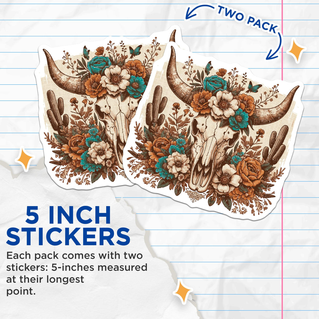 (2 Pack) Western Skull Stickers - Floral Cow Skull Stickers - Boho Cactus Stickers - Vibrant Southwestern Art - 5" On Longest Side - Sticks to Any Smooth Flat Surface - Made in USA - BMCS3446