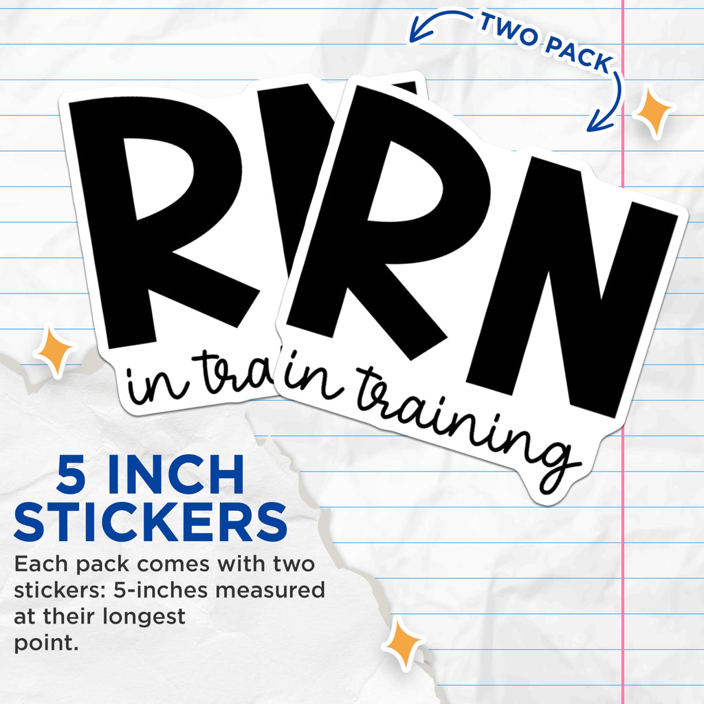 (2 Pack) RN in Training Stickers - Nurse Student Sticker - Future Registered Nurse Decals - 5" On Longest Side - Sticks to Smooth Flat Surfaces - Made in USA - BMCS5283