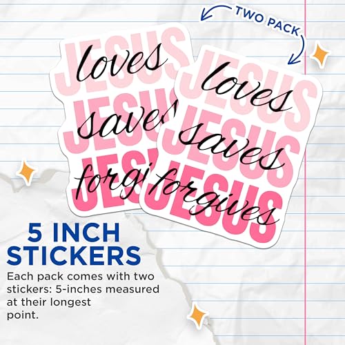(2 Pack) Jesus Loves Stickers - Saves Jesus Forgives - Faith Based Religious Decals - 5" On Longest Side - Sticks to Smooth Flat Surfaces - Made in USA - BMCS8926