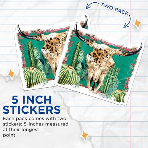 (2 Pack) Desert Skull Stickers - Cactus Art - Southwestern Decor - 5" On Longest Side - Sticks to Smooth Flat Surfaces - Made in USA - BMCS5812