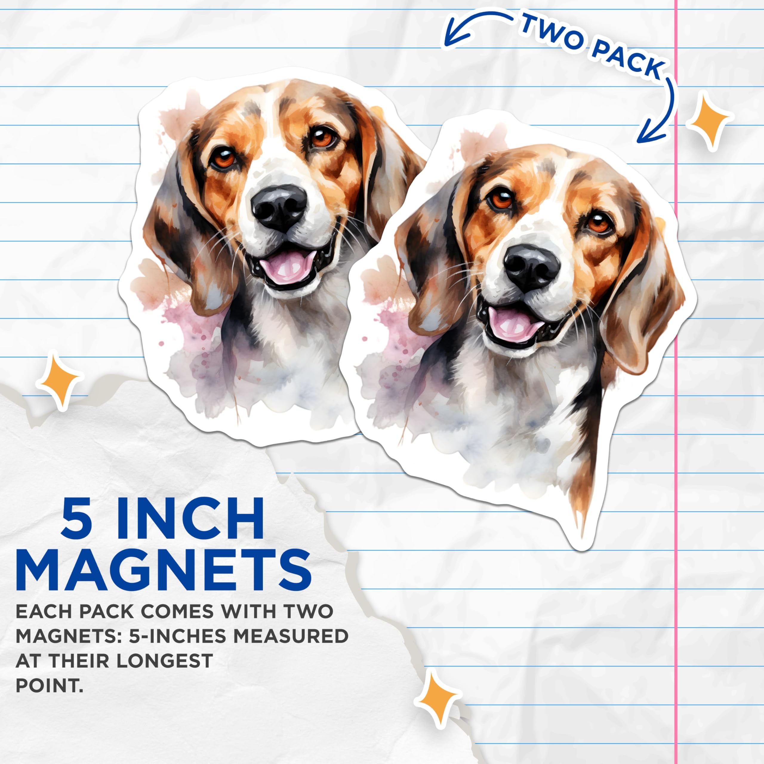 (2 Pack) Beagle Dog Watercolor Magnets - Happy Pet Animal Art - Dog Mom Owner Lover Appreciation - 5 Inches On Longest Side - Thick Durable Magnet - Made in USA - MAG27323