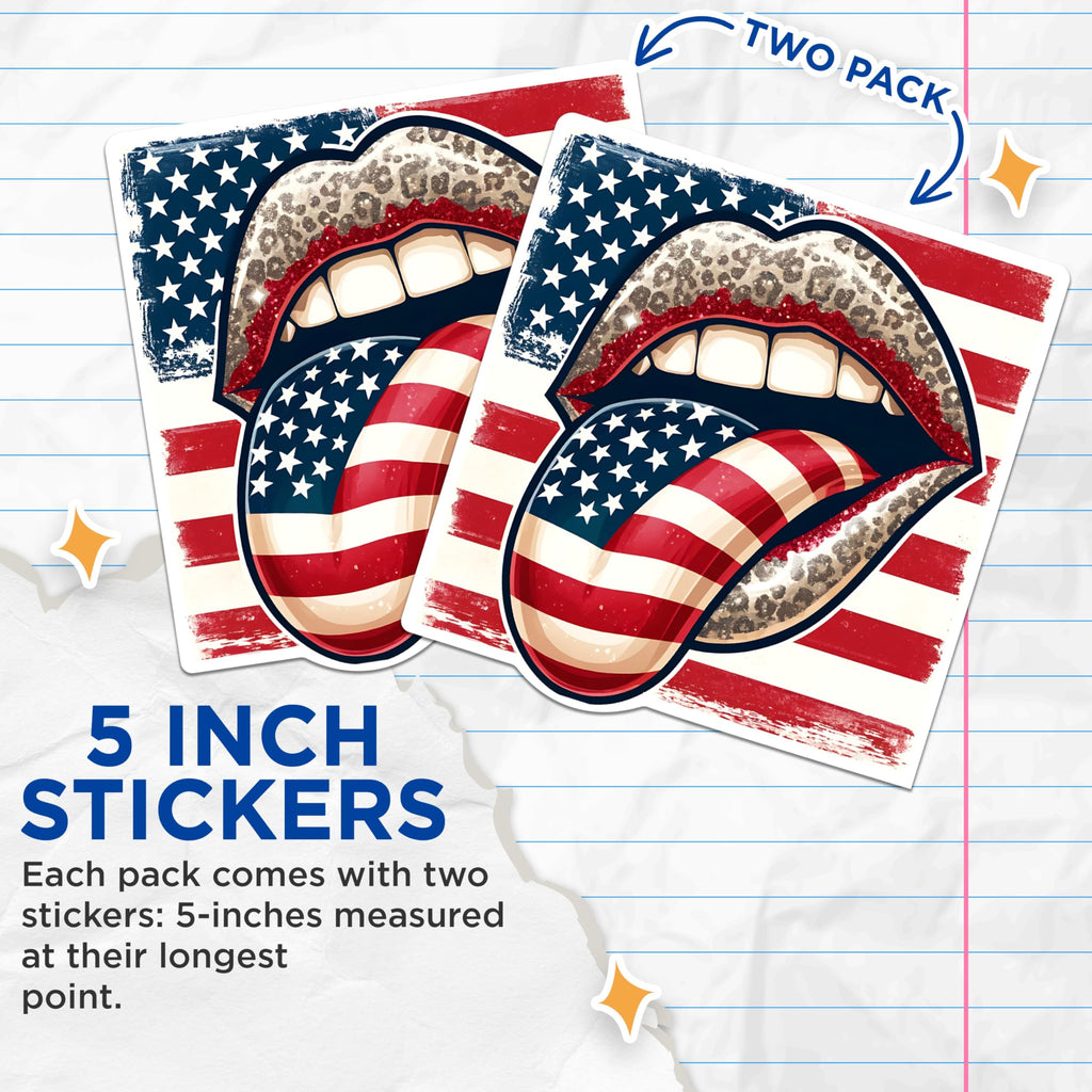 (2 Pack) American Flag Lips Stickers - Patriotic Kiss Stickers - USA Flag Tongue Decal - 5" On Longest Side - Sticks to Any Smooth Flat Surface - Made in USA - BMCS2704