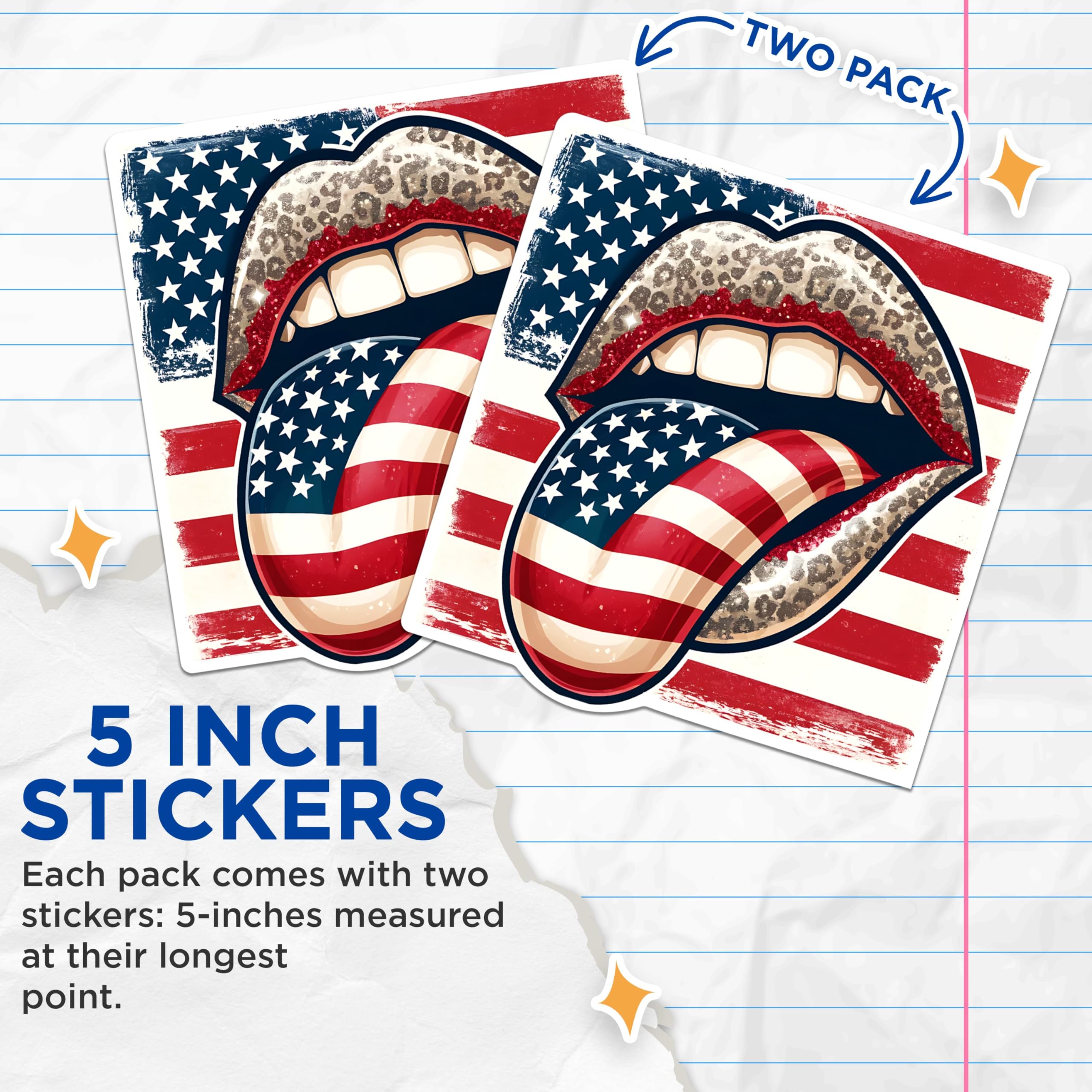 (2 Pack) American Flag Lips Stickers - Patriotic Kiss Stickers - USA Flag Tongue Decal - 5" On Longest Side - Sticks to Any Smooth Flat Surface - Made in USA - BMCS2704