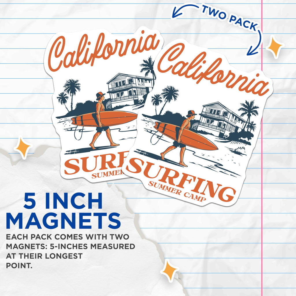 (2 Pack) Surfing Summer Camp Magnets - California Beach Decor - Retro Surfboard Magnets - 5" On Longest Side - Premium Magnet - for Cars, Refrigerators, Toolboxes, Lockers - Made in USA - MAG18246