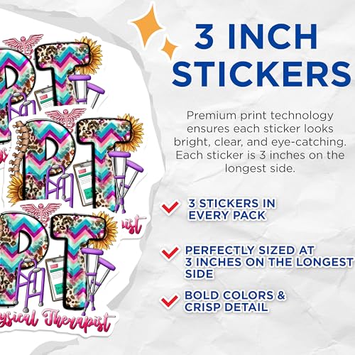 (3 Pack) Physical Therapist Decals - PT Sunflower - Medical Decal - 3 Inches On Longest Side - Easy Peel & Apply - Made in USA - 3MCS4022