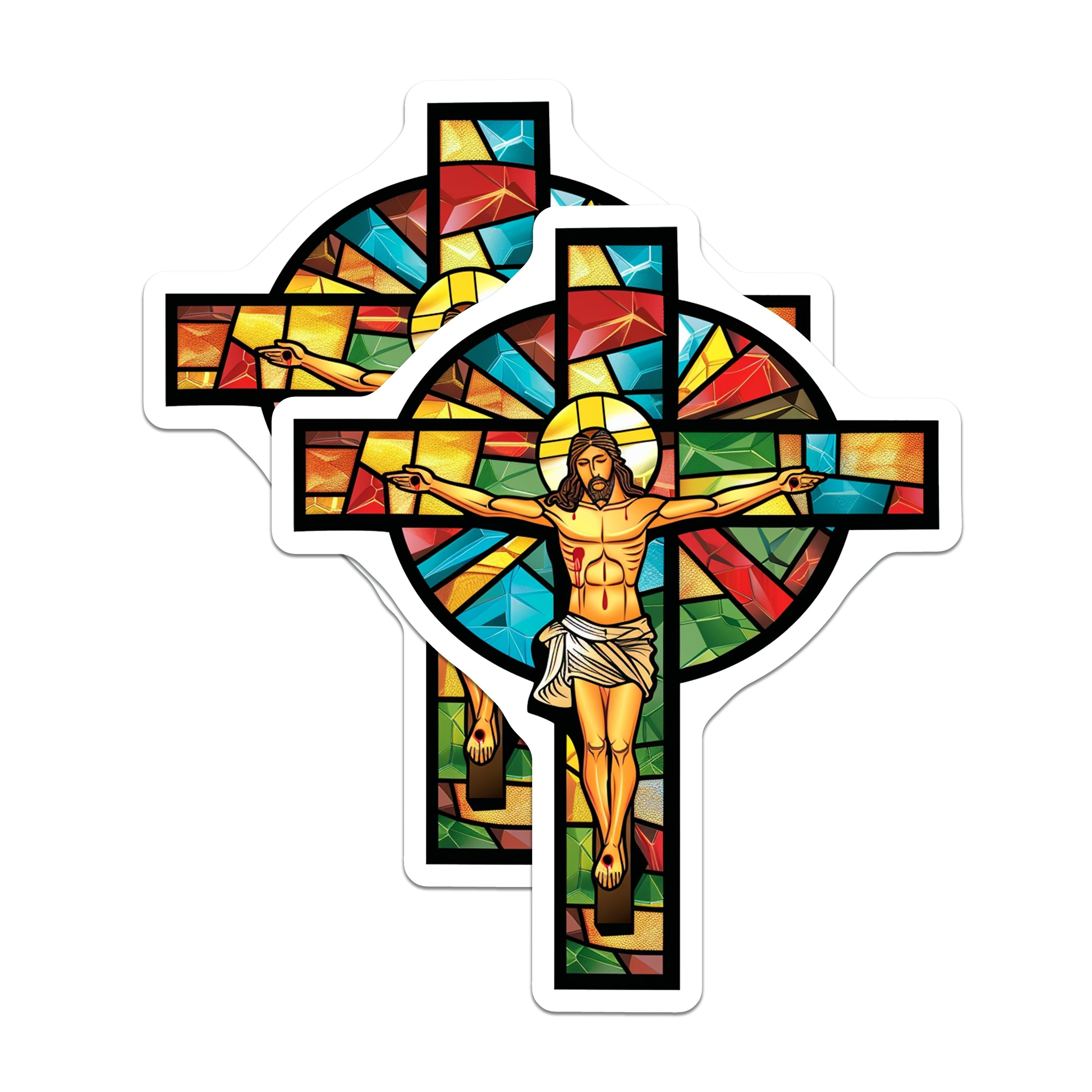 (2 Pack) Stained Glass Jesus Magnets - Christian Cross Refrigerator Decor - Catholic Faith Adornment - 5 Inches On Longest Side - Thick Durable Magnet - Made in USA - MAG39421