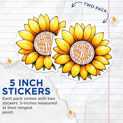 (2 Pack) Behavioral Therapist Stickers - Sunflower Design Stickers - Therapist Appreciation Stickers - 5" On Longest Side - Sticks to Any Smooth Flat Surface - Made in USA - BMCS3178