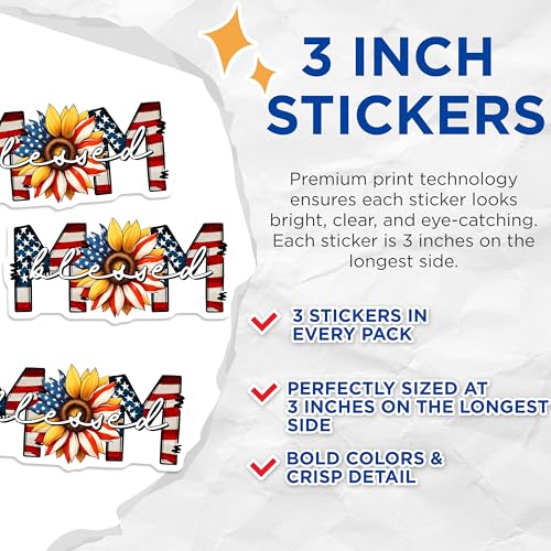(3 Pack) Blessed Mom Decals - American Flag Sunflower - Patriotic Laptop Decals - 3 Inches On Longest Side - Easy Peel & Apply - Made in USA - 3MCS6215