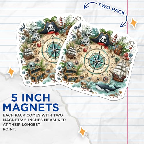 (2 Pack) Pirate Adventure Map Magnets - Nautical Home Decor - Novelty Pirate Ship - Ocean Treasure Seekers - 5" On Longest Side - for Cars, Fridges, Toolboxes - Made in USA - MAG6641