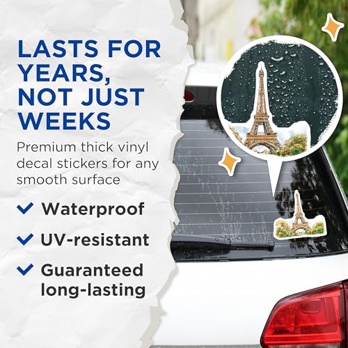 (2 Pack) Eiffel Tower Stickers - Paris Landmark Stickers - Travel Adventure Decor - Romantic Parisian Stickers - 5" On Longest Side - Sticks to Smooth Flat Surfaces - Made in USA - BMCS5189