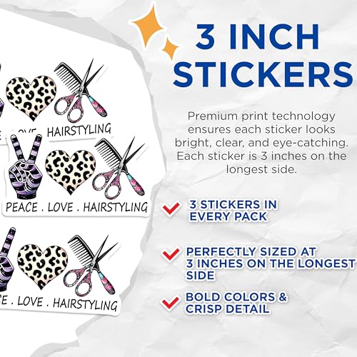 (3 Pack) Hairstylist Decals - Peace Love Hairdressing - Salon Decor - 3 Inches On Longest Side - Easy Peel & Apply - Made in USA - 3MCS6335