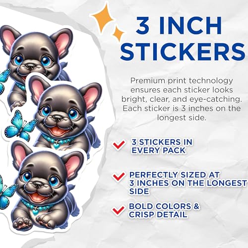 (3 Pack) Cute Puppy Dog Decals - French Bulldog Laptop - Blue Butterfly Art - 3 Inches On Longest Side - Easy Peel & Apply - Made in USA - 3MCS8367