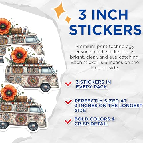 (3 Pack) Hippie Van Decals - VW Bus Stickers - Bohemian Decal - 3 Inches On Longest Side - Easy Peel & Apply - Made in USA - 3MCS7632