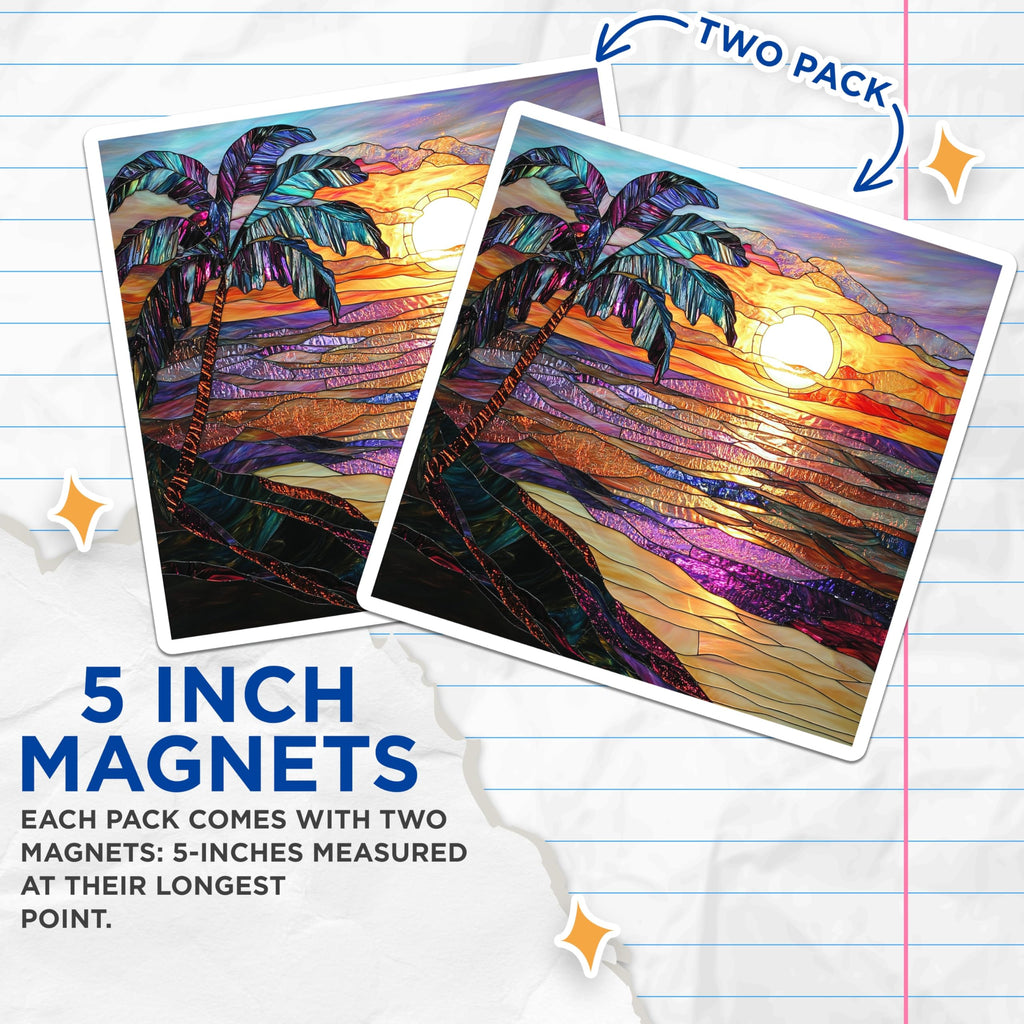 (2 Pack) Stained Glass Sunset Magnets - Tropical Beach Art - Palm Tree Coastal Decor - Vibrant Ocean View - 5 Inches On Longest Side - Thick Durable Magnet - Made in USA - MAG26589