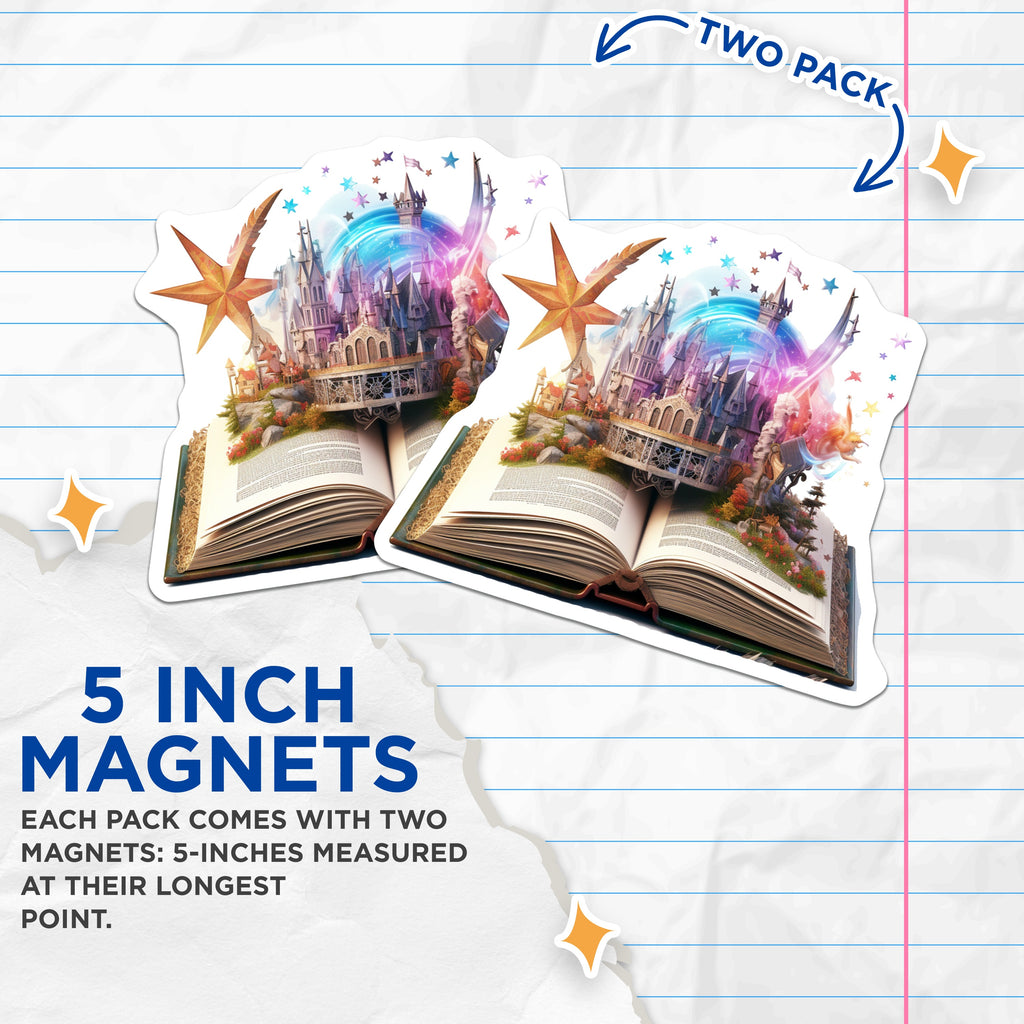 (2 Pack) Enchanted Storybook Magnets - Magical Castle Scene - Book Lover Decor - Fantasy Reader Art - 5 Inches On Longest Side - Thick Durable Magnet - Made in USA - MAG39637