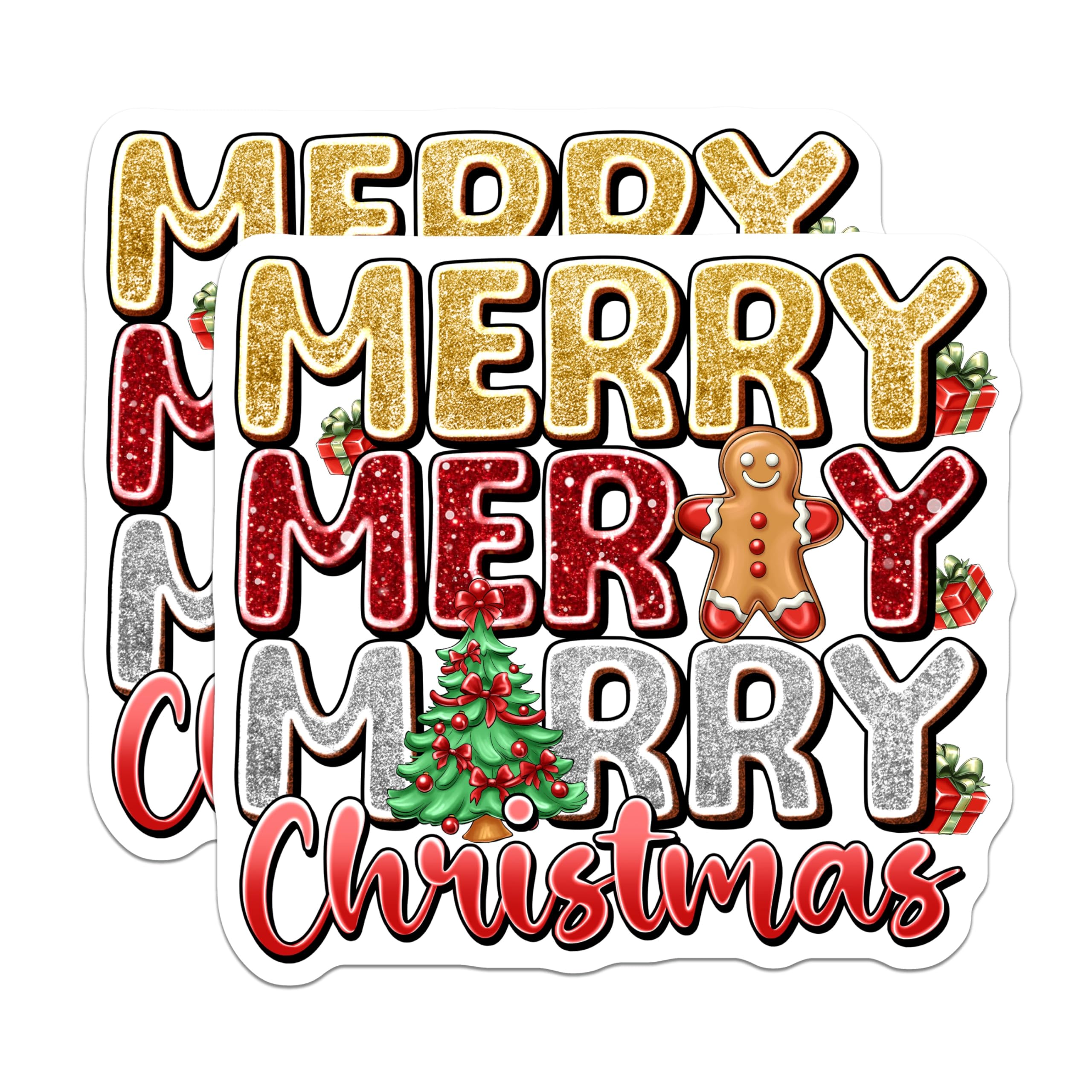 (2 Pack) Christmas Magnets - Merry Merry Merry Christmas Design - Gingerbread Tree Festive Decor - 5 Inches On Longest Side - Thick Durable Magnet - Made in USA - MAG23354