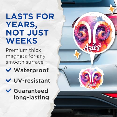 (2 Pack) Aries Sign Magnets - Zodiac Decorations - Astrology-Themed Home Decor - 5" On Longest Side - for Cars, Fridges, Toolboxes - Made in USA - MAG7174