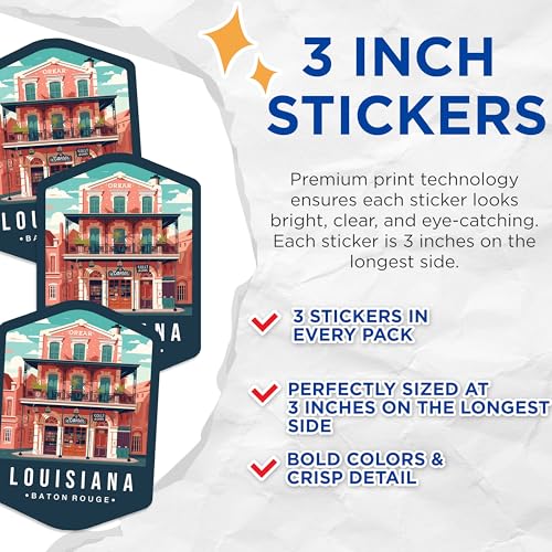 (3 Pack) Louisiana Decals - Baton Rouge - Laptop Decal - State Pride - 3 Inches On Longest Side - Easy Peel & Apply - Made in USA - 3MCS0359