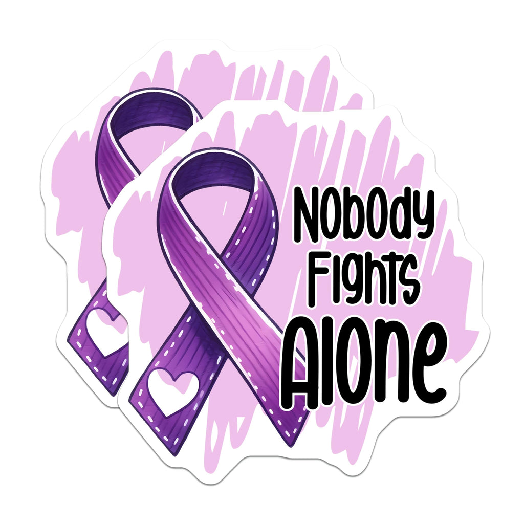 (2 Pack) Nobody Fights Alone Stickers - Inspirational Quote - Awareness Ribbon - 5" On Longest Side - Sticks to Smooth Flat Surfaces - Made in USA - BMCS9791
