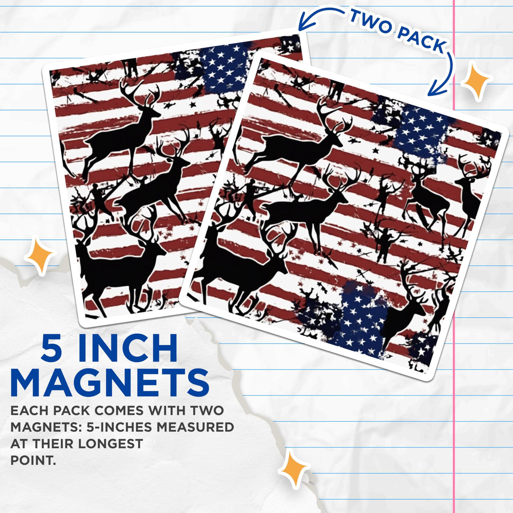 (2 Pack) American Flag Deer Magnets - Patriotic Hunter Decor - Rustic Wildlife Art - Distressed Flag - Outdoor Enthusiast - 5 Inches On Longest Side - Thick Durable Magnet - Made in USA - MAG19540