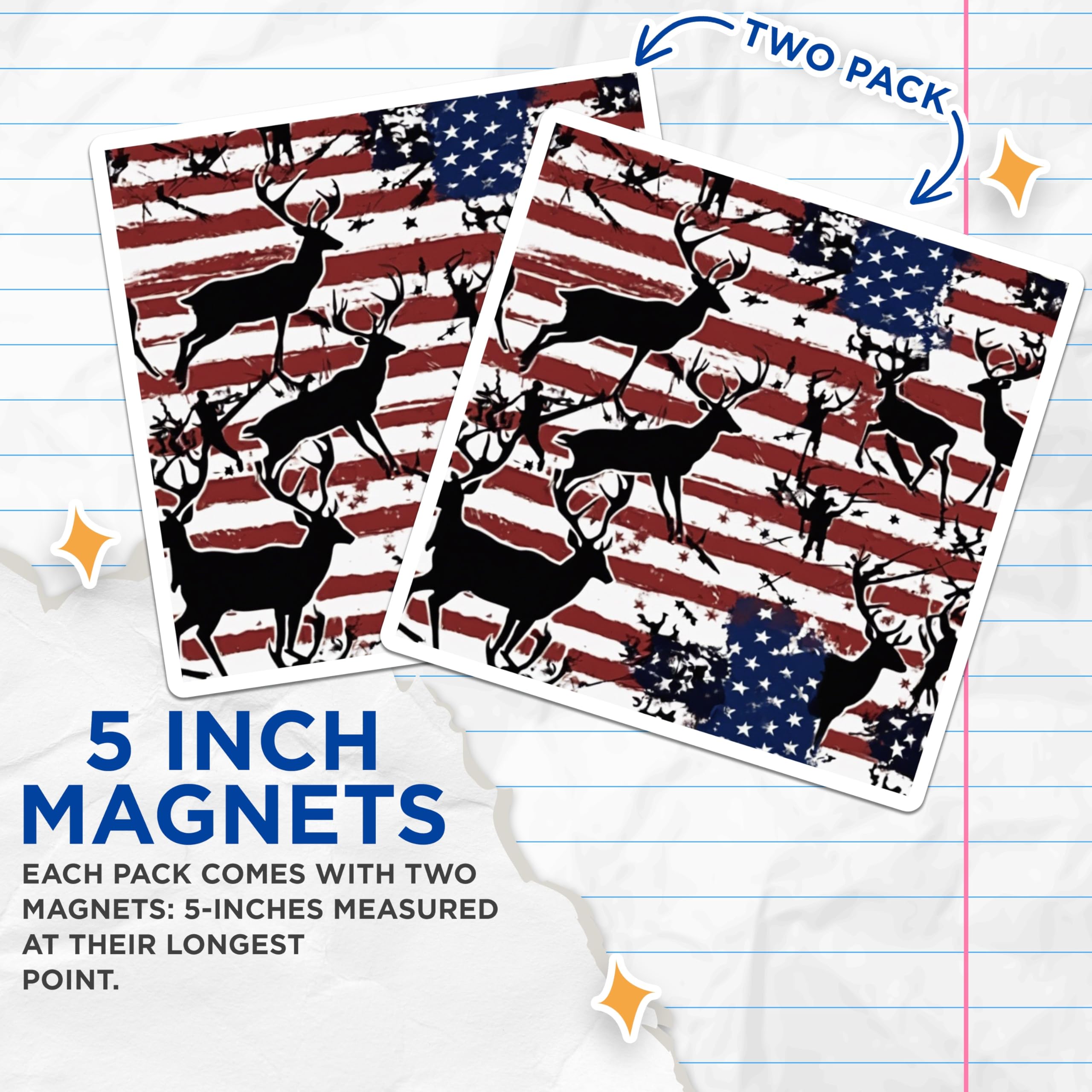 (2 Pack) American Flag Deer Magnets - Patriotic Hunter Decor - Rustic Wildlife Art - Distressed Flag - Outdoor Enthusiast - 5 Inches On Longest Side - Thick Durable Magnet - Made in USA - MAG19540