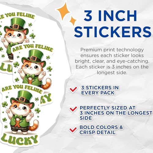 (3 Pack) St Patricks Day Cat Decals - Lucky Feline Stickers - Irish Cat Leprechaun Decals - 3 Inches On Longest Side - Easy Peel & Apply - Made in USA - 3MCS6872