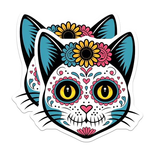 (2 Pack) Day of The Dead Cat Magnet - Colorful Cat Decor - 5" On Longest Side - Sticks to Smooth Flat Surfaces - Made in USA - MAG9462