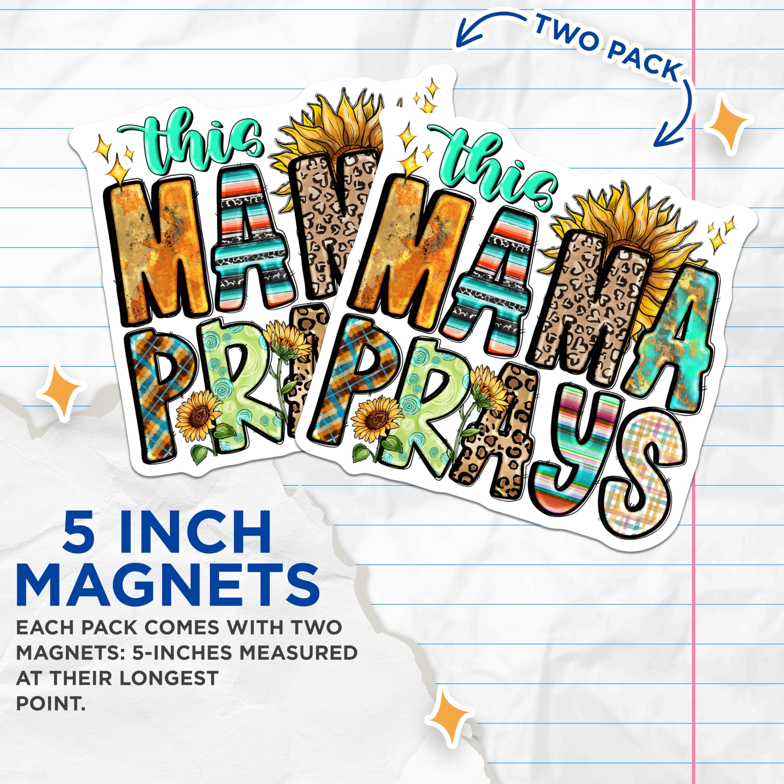 (2 Pack) This Mama Prays Magnets - Christian Mom Decor - Faith Inspired Sunflower Leopard Print - Western Boho Style - 5 Inches On Longest Side - Thick Durable Magnet - Made in USA - MAG26134