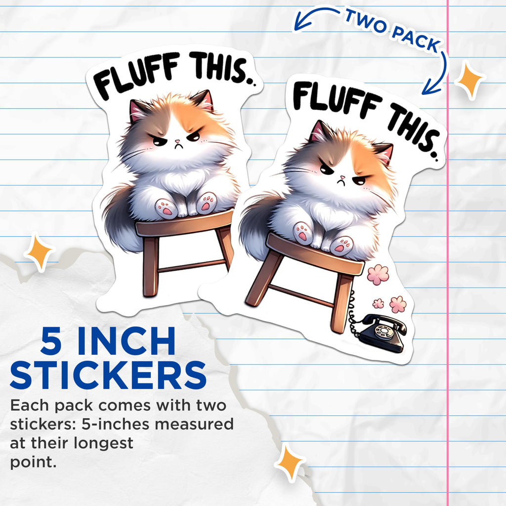 (2 Pack) Grumpy Cat Stickers - Fluffy Cat Art - Sassy Kitten - 5" On Longest Side - Sticks to Smooth Flat Surfaces - Made in USA - BMCS15364