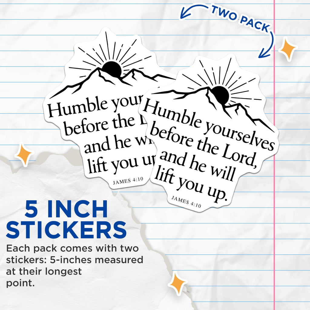 (2 Pack) Bible Verse Stickers - James 4 10 - Religious Stickers - Christian Stickers - 5" On Longest Side - Sticks to Smooth Flat Surfaces - Made in USA - BMCS14266