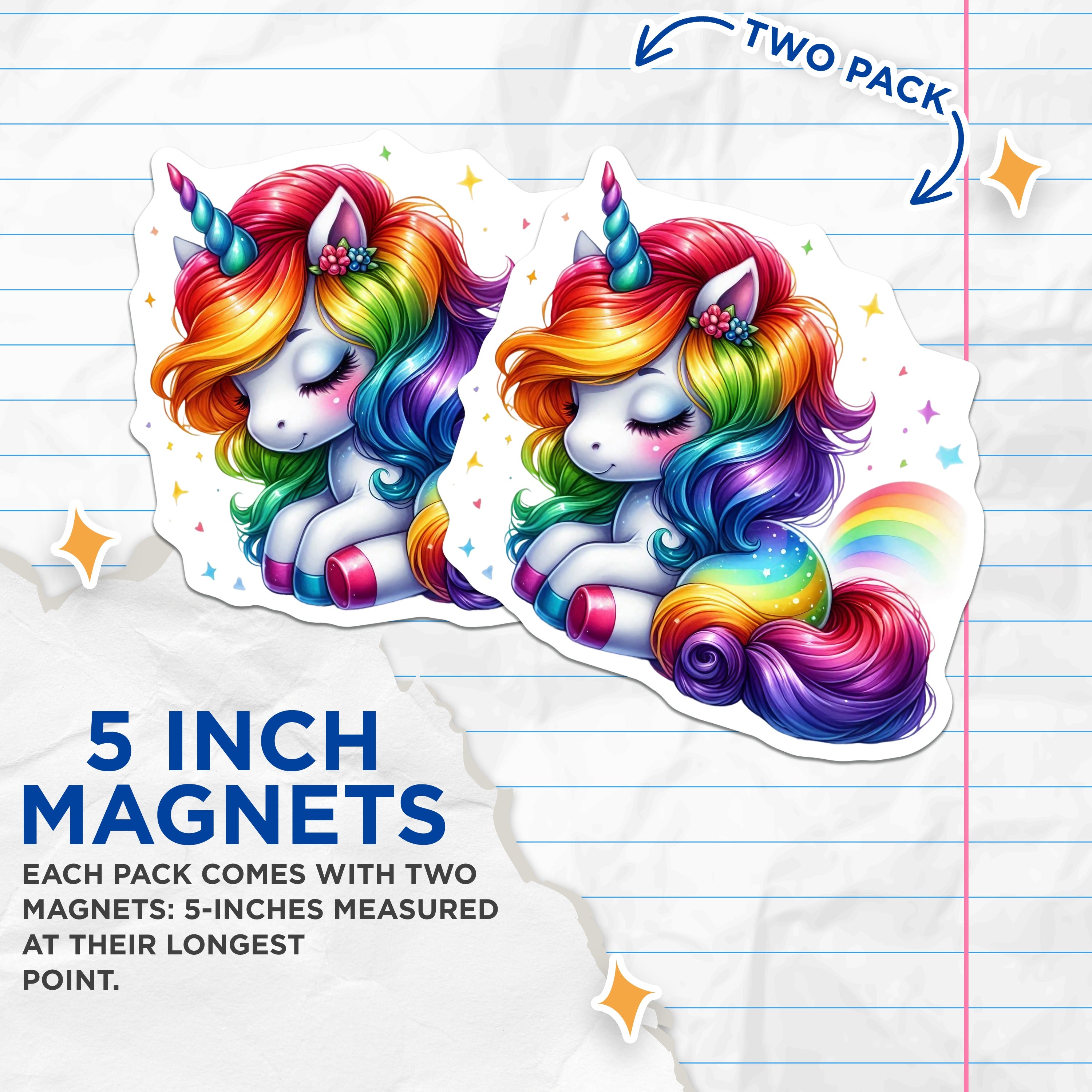(2 Pack) Kawaii Unicorn Magnets - Rainbow Fantasy Decor - Cute Magical Creature Fridge Locker - 5 Inches On Longest Side - Thick Durable Magnet - Made in USA - MAG39555