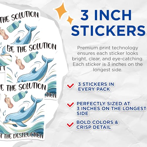(3 Pack) Dolphin Decals - Ocean Pollution Awareness - Laptop Decal - 3 Inches On Longest Side - Easy Peel & Apply - Made in USA - 3MCS7212