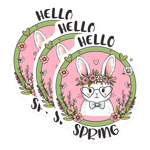 (3 Pack) Hello Spring Decals - Floral Bunny with Glasses - Cute Easter Bunny Stickers - 3 Inches On Longest Side - Easy Peel & Apply - Made in USA - 3MCS6772
