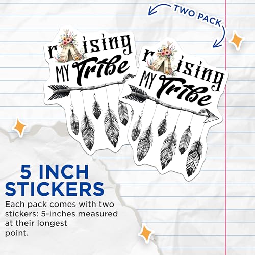 (2 Pack) Raising My Tribe Stickers - Boho Arrow Feather - Inspirational Quote - 5" On Longest Side - Sticks to Smooth Flat Surfaces - Made in USA - BMCS7559