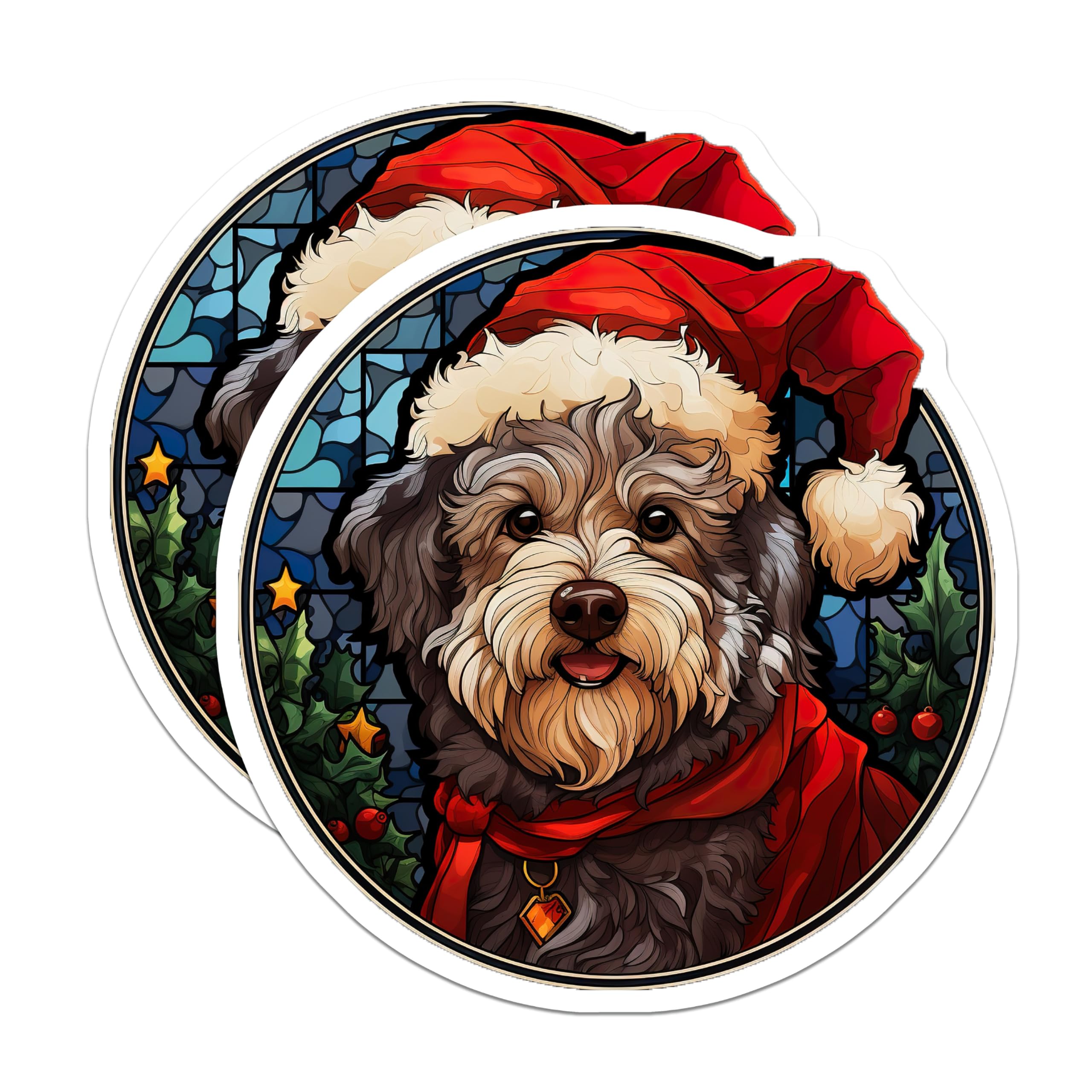 (2 Pack) Christmas Dog Magnets - Stained Glass Doodle Puppy Holiday Decor - Santa Hat Pet Fridge Decoration - 5 Inches On Longest Side - Thick Durable Magnet - Made in USA - MAG25389