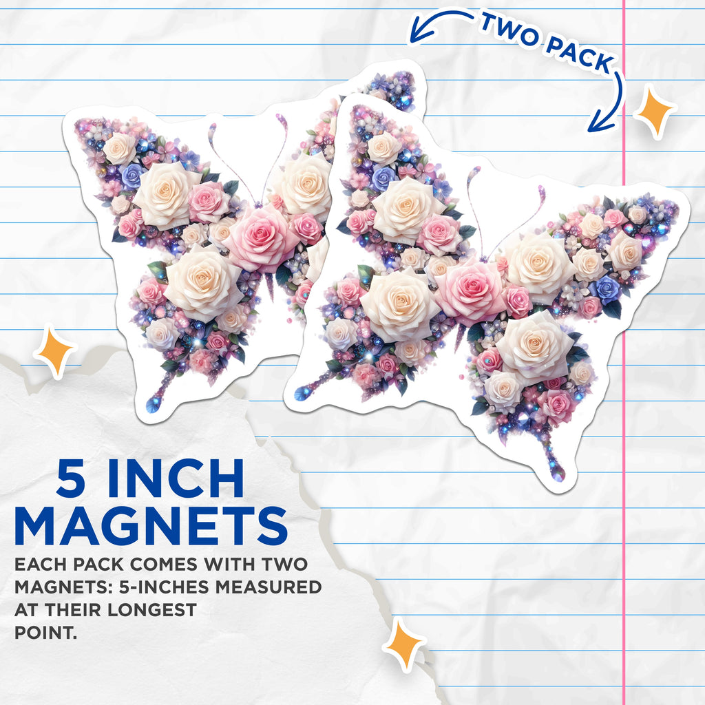 (2 Pack) Floral Butterfly Magnets - Coquette Rose Fridge Decor - Aesthetic Pastel Locker Accent for Her - Whimsical Flower Decor - 5" - Durable Magnet - Made in USA - MAG37576