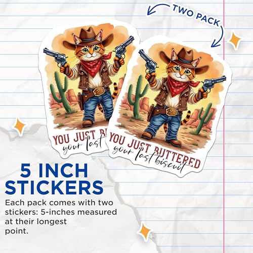 (2 Pack) Cowboy Cat Stickers - Funny Cat Meme Stickers - Western Themed Stickers for Laptops and Water Bottles - 5" On Longest Side - Sticks to Smooth Flat Surfaces - Made in USA - BMCS4236