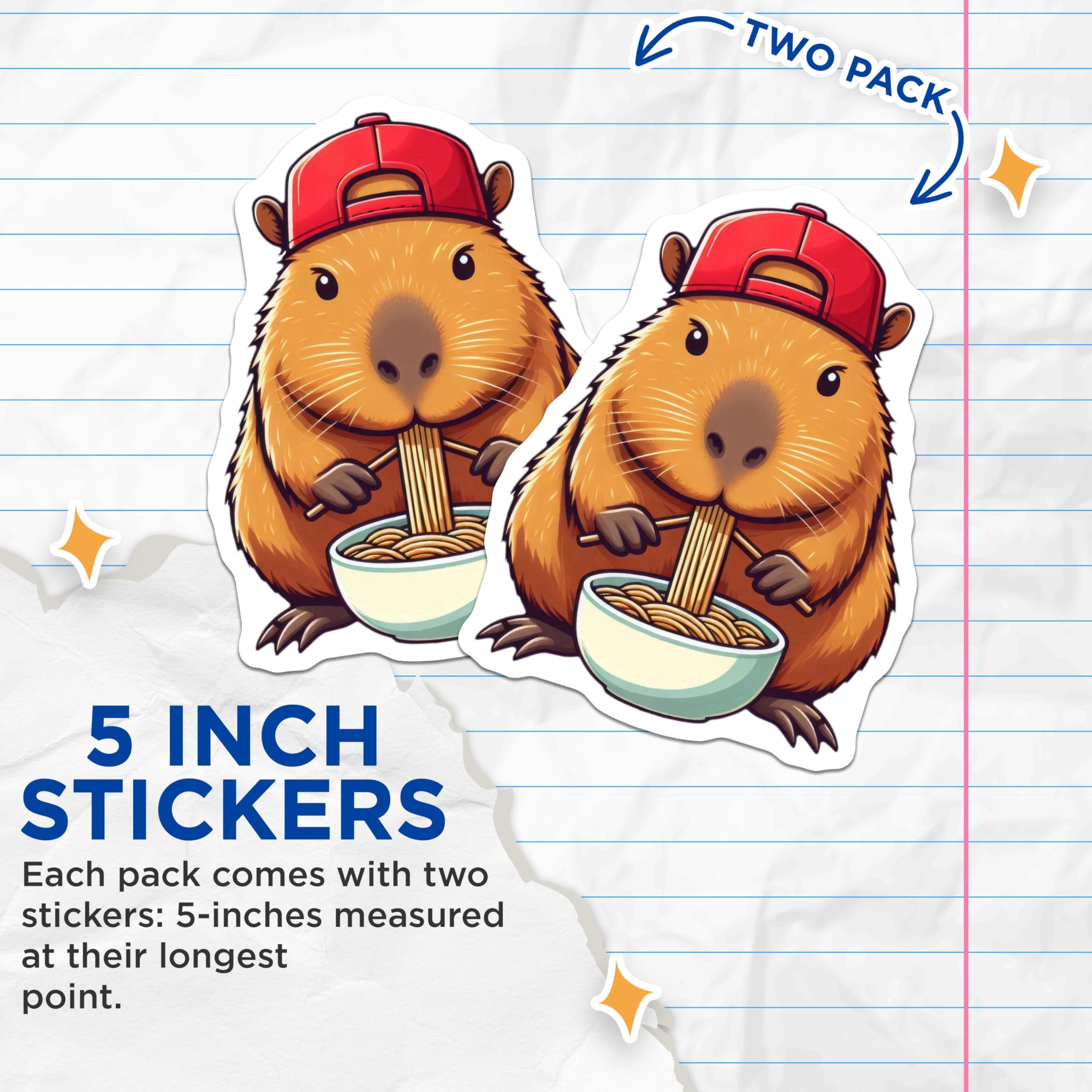 (2 Pack) Cute Capybara Eating Noodles Stickers - Funny Animal Sticker - Adorable Cartoon Capybara - 5" On Longest Side - Sticks to Smooth Flat Surfaces - Made in USA - BMCS9902