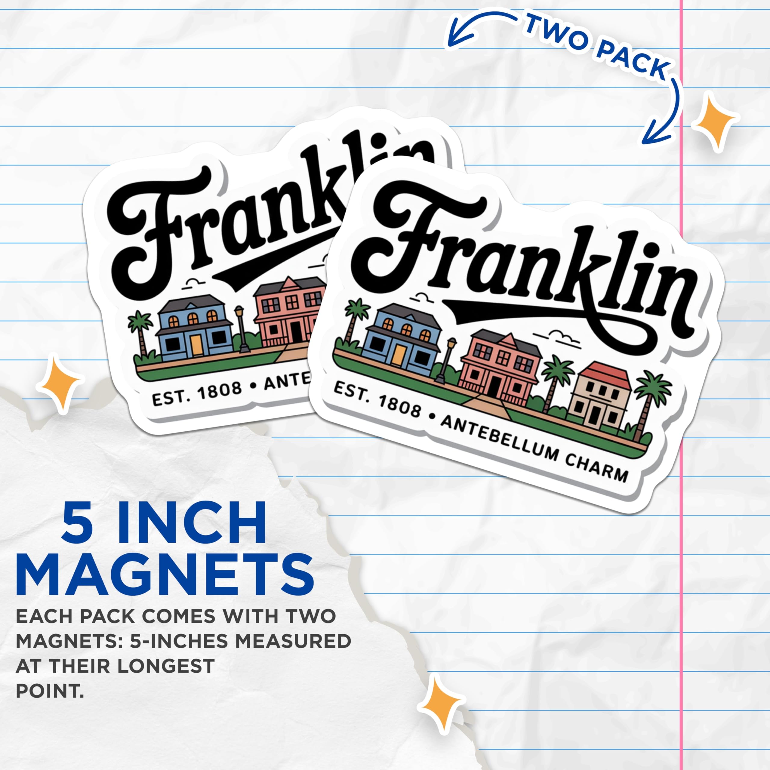 (2 Pack) Franklin Tennessee Magnets - Antebellum Charm Decor - Home Town Souvenir - 5" On Longest Side - Premium Magnet - for Cars, Refrigerators, Toolboxes, Lockers - Made in USA - MAG17870