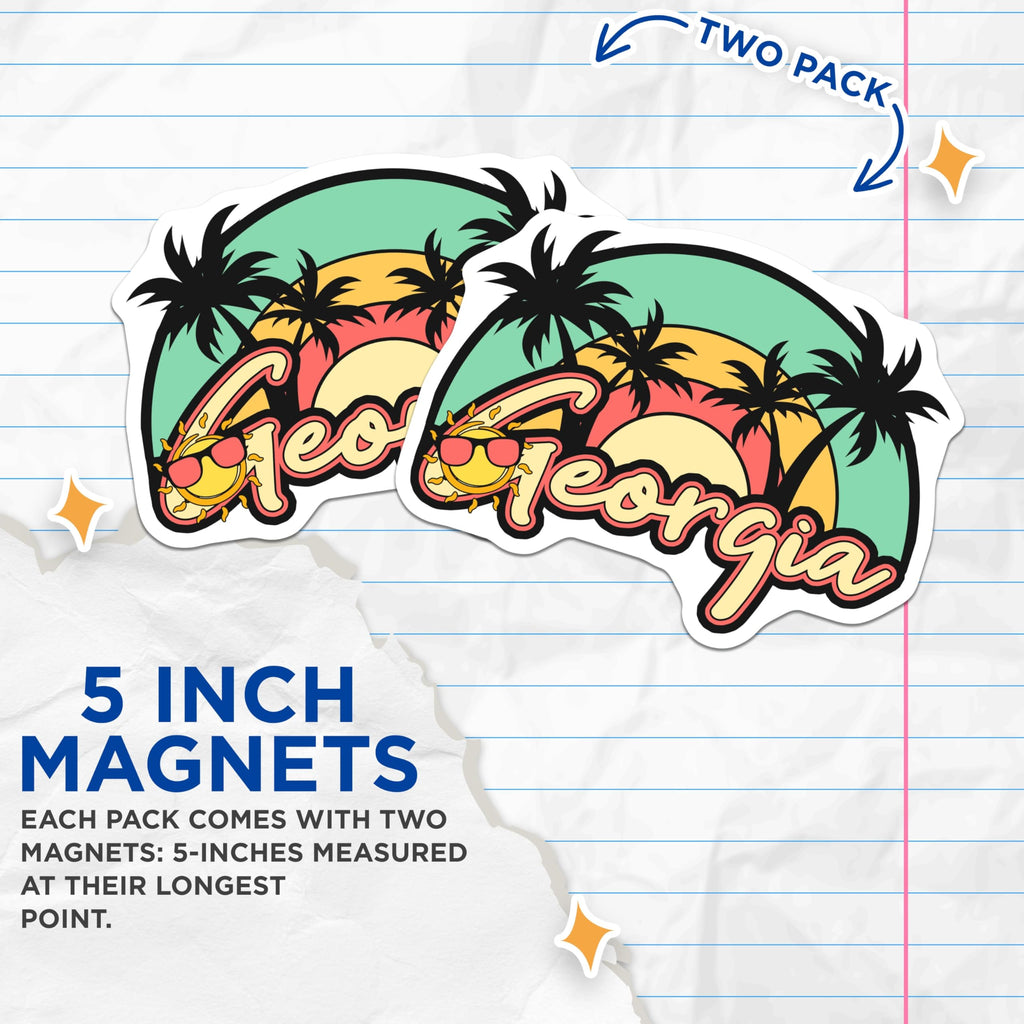 (2 Pack) Georgia State Magnets - Palm Tree Sunset Decor - Travel Souvenir Fridge Magnets - 5" On Longest Side - Premium Magnet - for Cars, Refrigerators, Toolboxes, Lockers - Made in USA - MAG18886