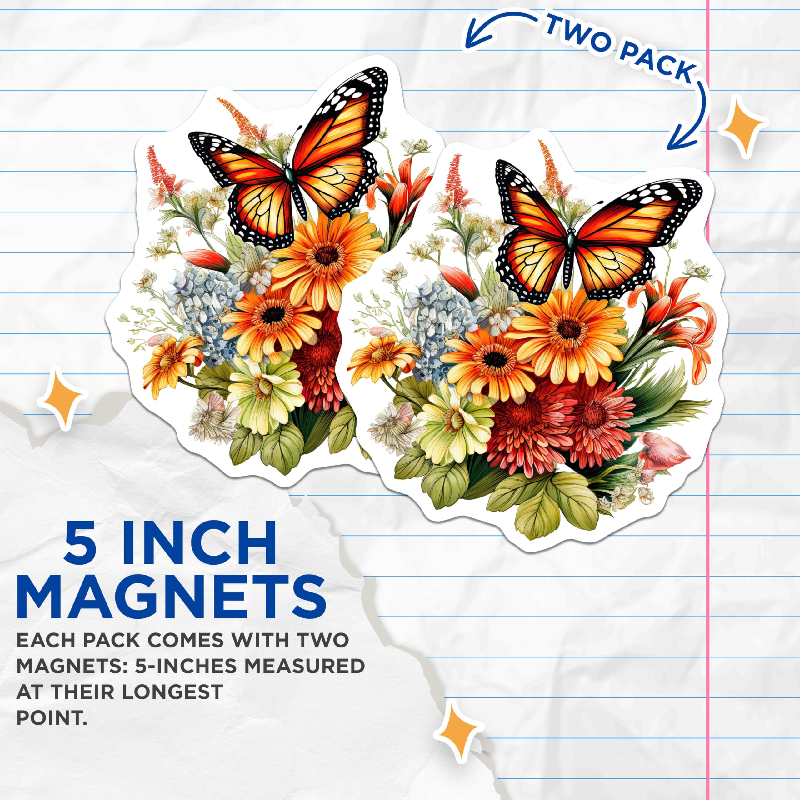 (2 Pack) Butterfly Floral Magnets - Flower Art Decor - Botanical Refrigerator Magnets - 5" On Longest Side - Premium Magnet - for Cars, Refrigerators, Toolboxes, Lockers - Made in USA - MAG14025