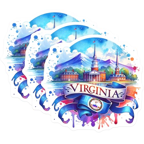 (3 Pack) Virginia State Decals - Watercolor Art Decals - Laptop Decoration- 3 Inches On Longest Side - Easy Peel & Apply - Made in USA - 3MCS5831