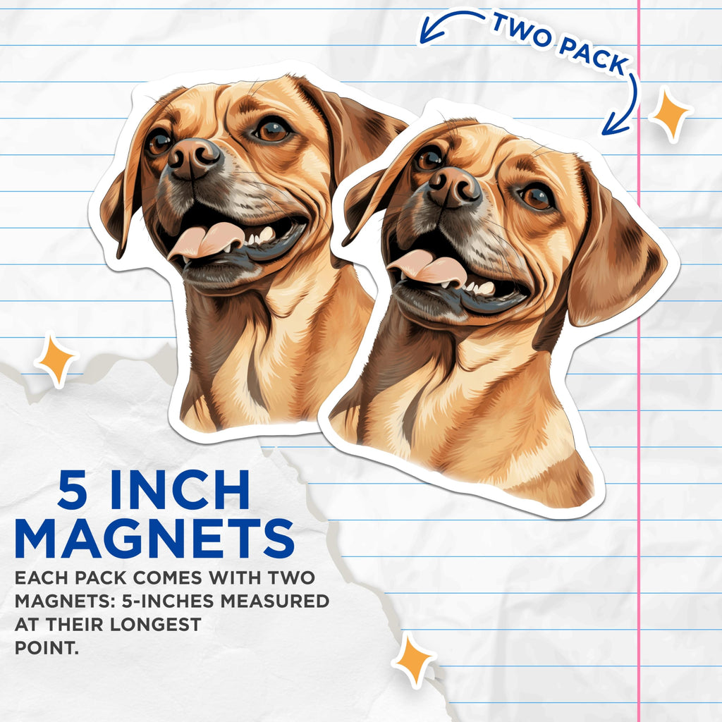 (2 Pack) Puggle Dog Magnets - Cute Happy Dog Art - Pet Lover Refrigerator Decor - Dog Mom Accessories - 5 Inches On Longest Side - Thick Durable Magnet - Made in USA - MAG27437